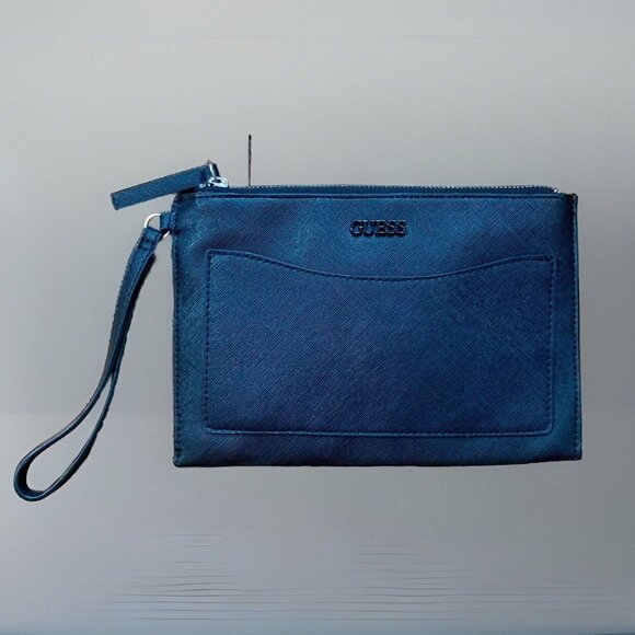 GUESS Los Angeles Travel Makeup Cosmetic Case Bag Color BLACK Saffiano PVC EUC - Picture 1 of 7